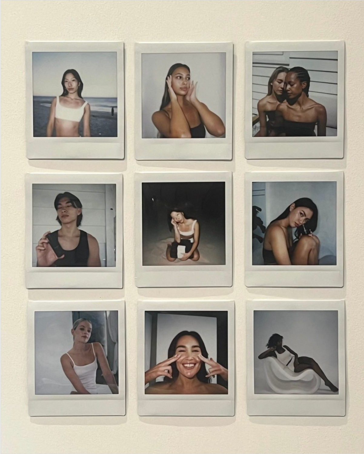 A collage of nine Polaroid photos featuring diverse individuals showcasing skincare and self-expression.